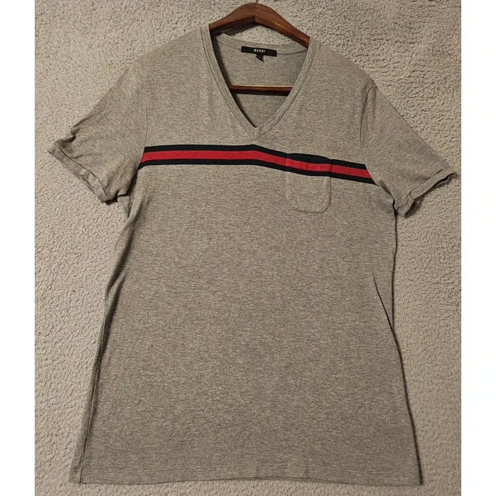 Gucci Mens Gray Web Stripe Pocket V-Neck T-Shirt Size 2XL XXL Made in Italy